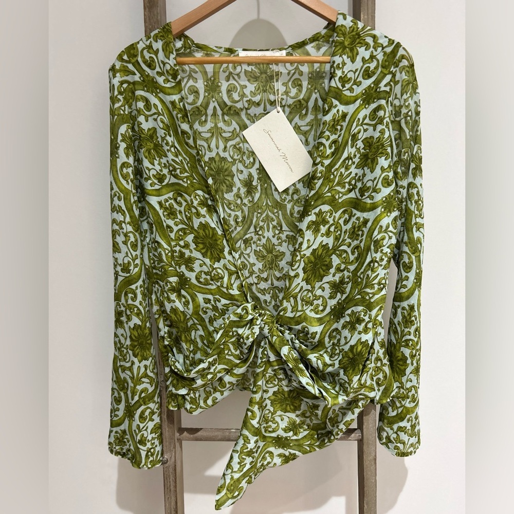Savannah Morrow Chiara Sicilian 100% Silk Wrap Drape Blouse Green Size S NWT